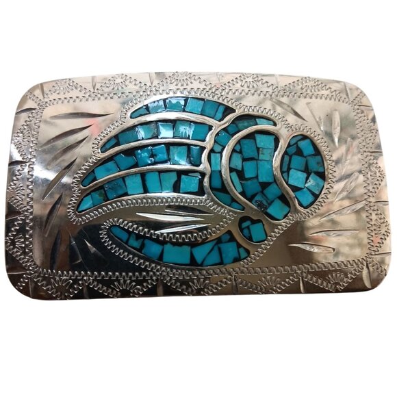 Johnson & Held Vintage Handcrafted Silver Belt Buckle Turquoise Inlay Bear Paw - Picture 1 of 9